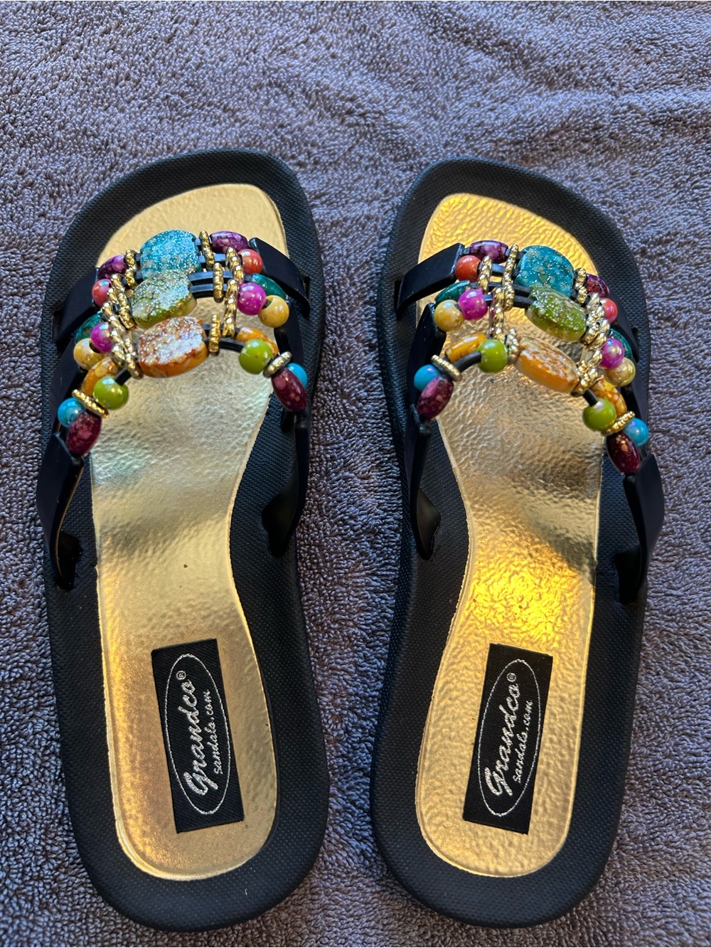 Grandco Women’s Black Slide Sandals with Multicolor Beaded Accent